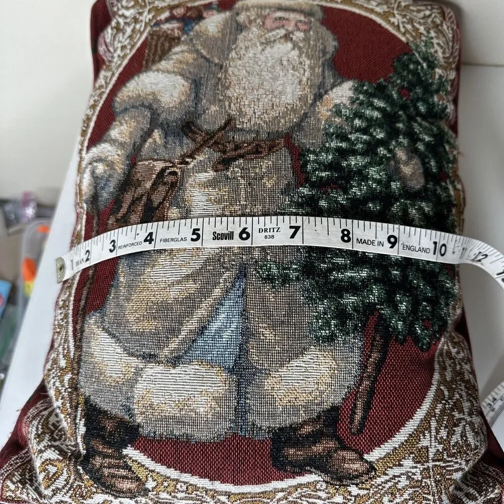 Vintage Santa Tapestry Accent Pillow winter holiday Old Time Primitive Stars